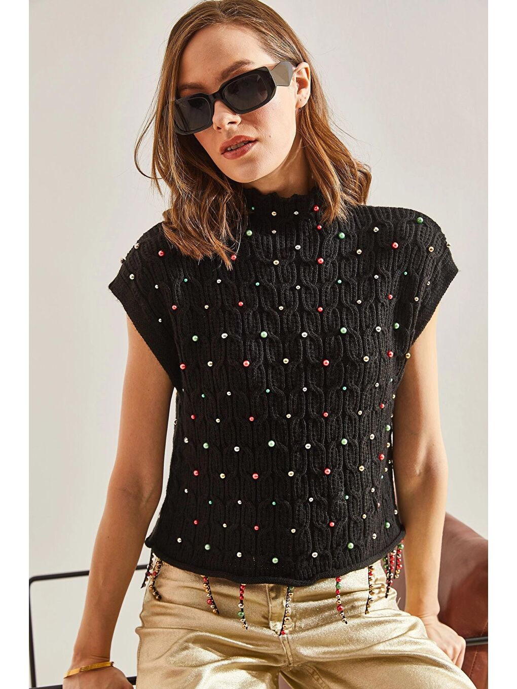 Siyah Lucci Kadın Saç Örgülü Taş İşlemeli Triko Bluz-2