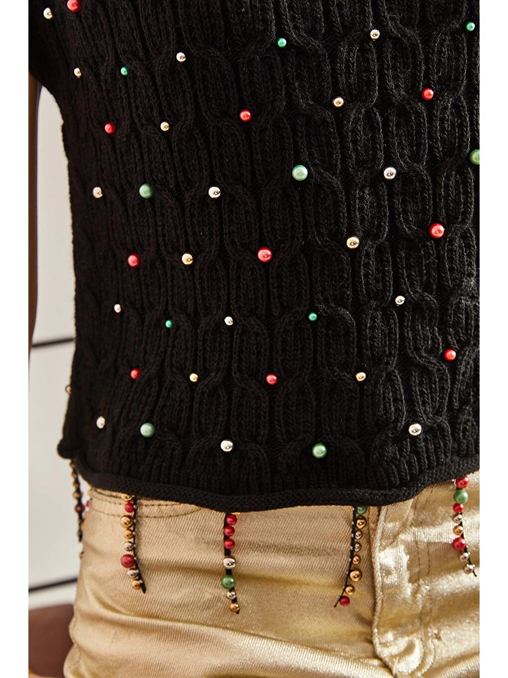 Siyah Lucci Kadın Saç Örgülü Taş İşlemeli Triko Bluz-3