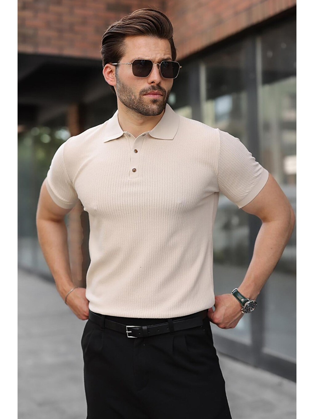 Bej Taş Rengi Çıt Kapamalı Polo Yaka Triko Erkek Tişört E7493-2