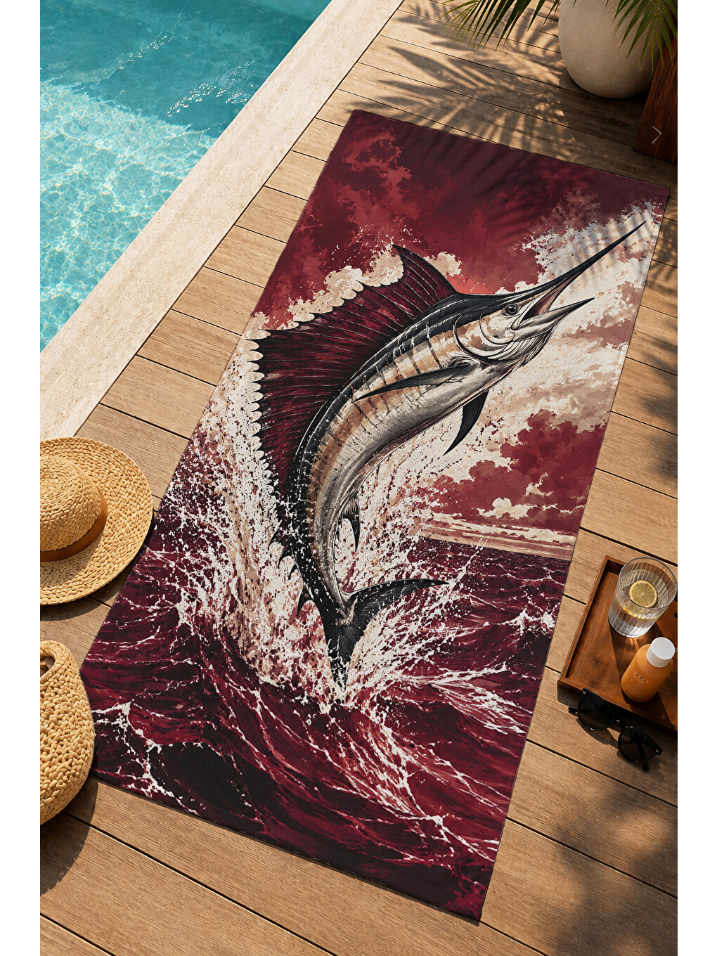 Vintage Bordo Marlin Balığı Desenli 70x150 Plaj Havlusu - Dijital Baskılı Solmaz Banyo Havlusu-4