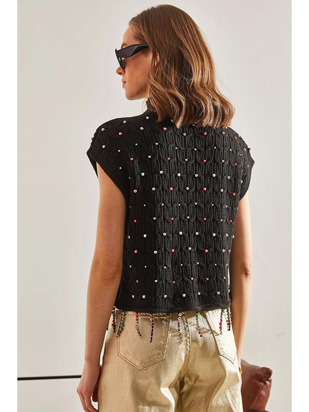 Siyah Lucci Kadın Saç Örgülü Taş İşlemeli Triko Bluz-4