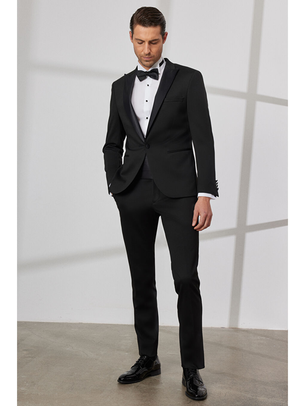 Erkek Siyah Slim Fit Dar Kesim Mono Yaka Desenli Klasik Smokin Takım