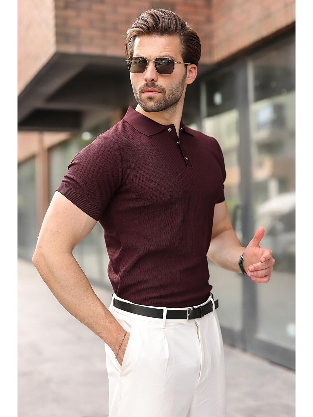 Mürdüm Çıt Kapamalı Polo Yaka Triko Erkek Tişört E7493-1
