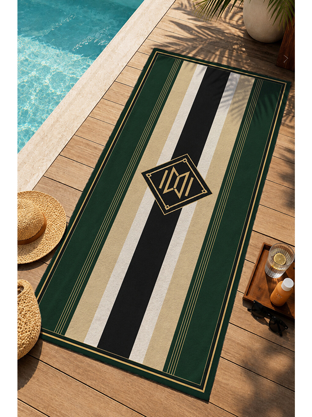 Retro Yeşil Siyah Krem Çizgili Geometrik Desenli 70x150 Plaj Havlusu - Pamuklu Banyo Havlusu