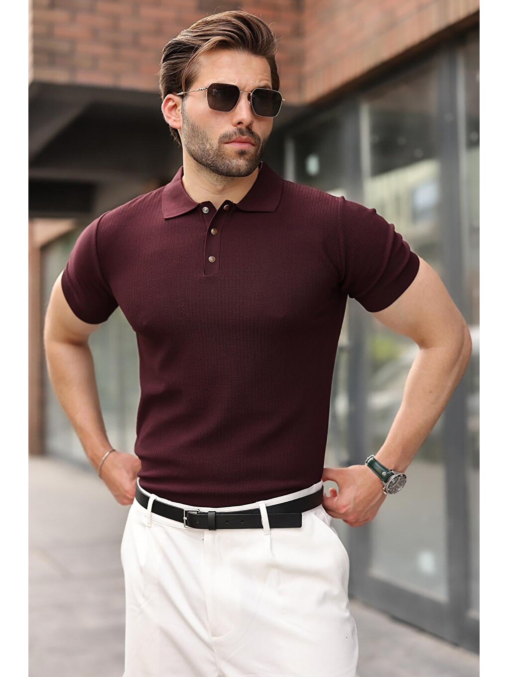 Mürdüm Çıt Kapamalı Polo Yaka Triko Erkek Tişört E7493-4