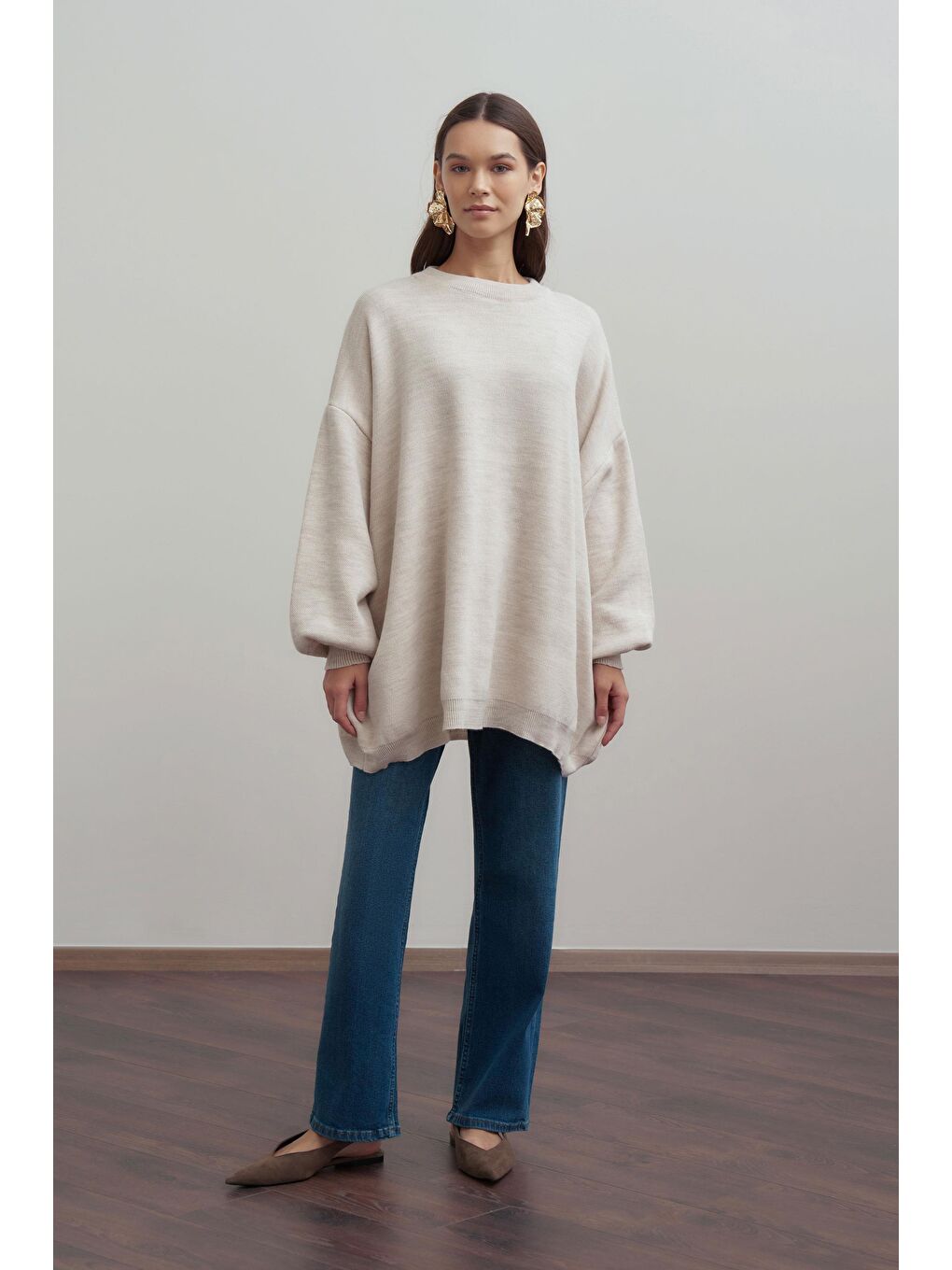 Bej Taş-Bol Kesim Triko Kazak-1