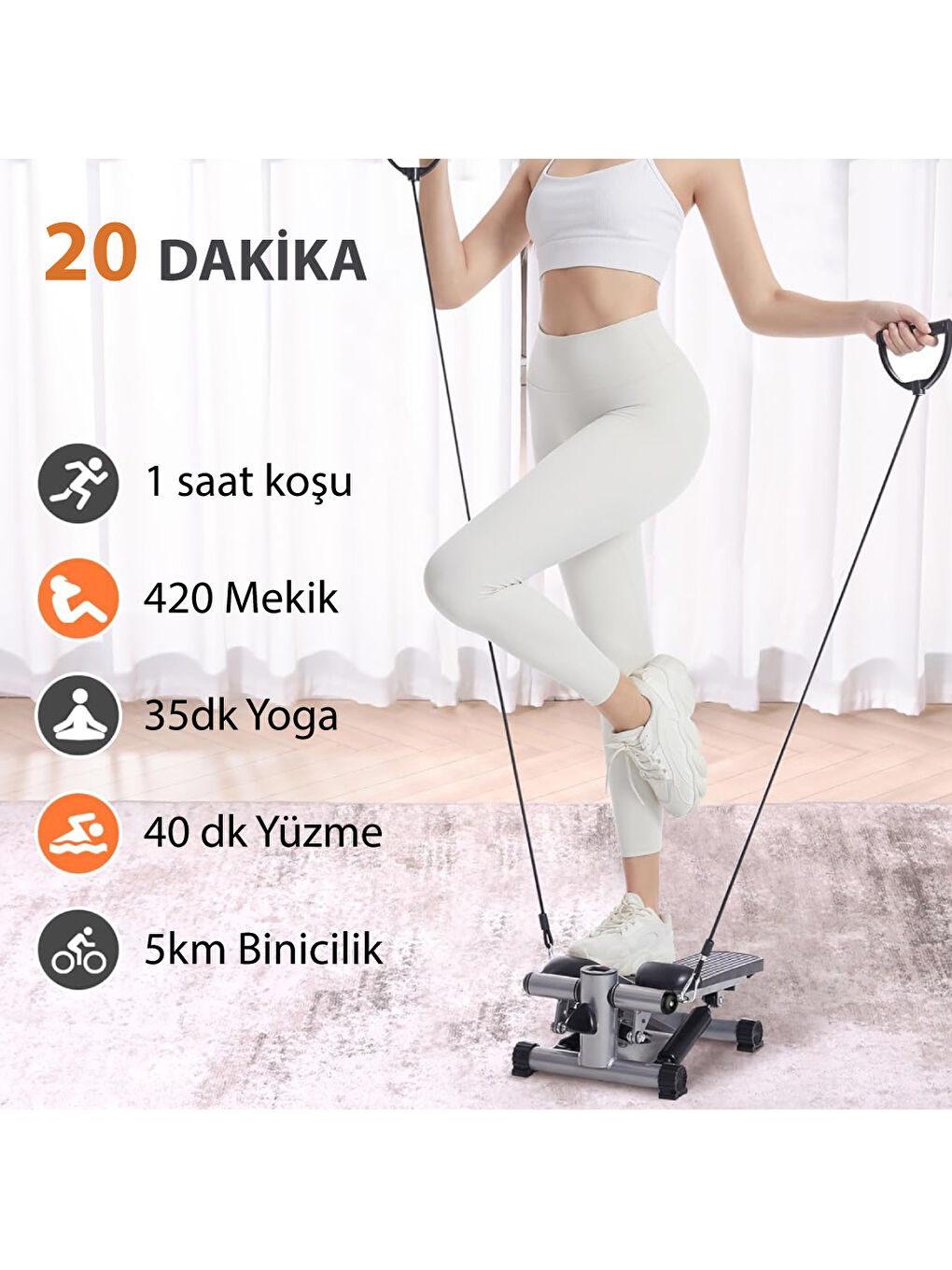 kochler Gri Direnç Lastikli Mini Stepper Egzersiz Aleti -Kaymaz Pedallı Kardiyo Cihazı - 4