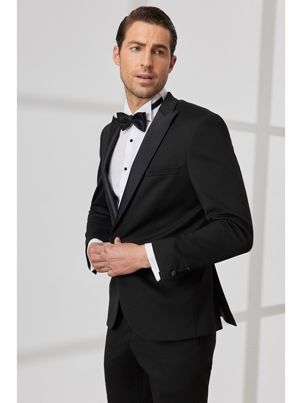 Erkek Siyah Slim Fit Dar Kesim Mono Yaka Desenli Klasik Smokin Takım-4