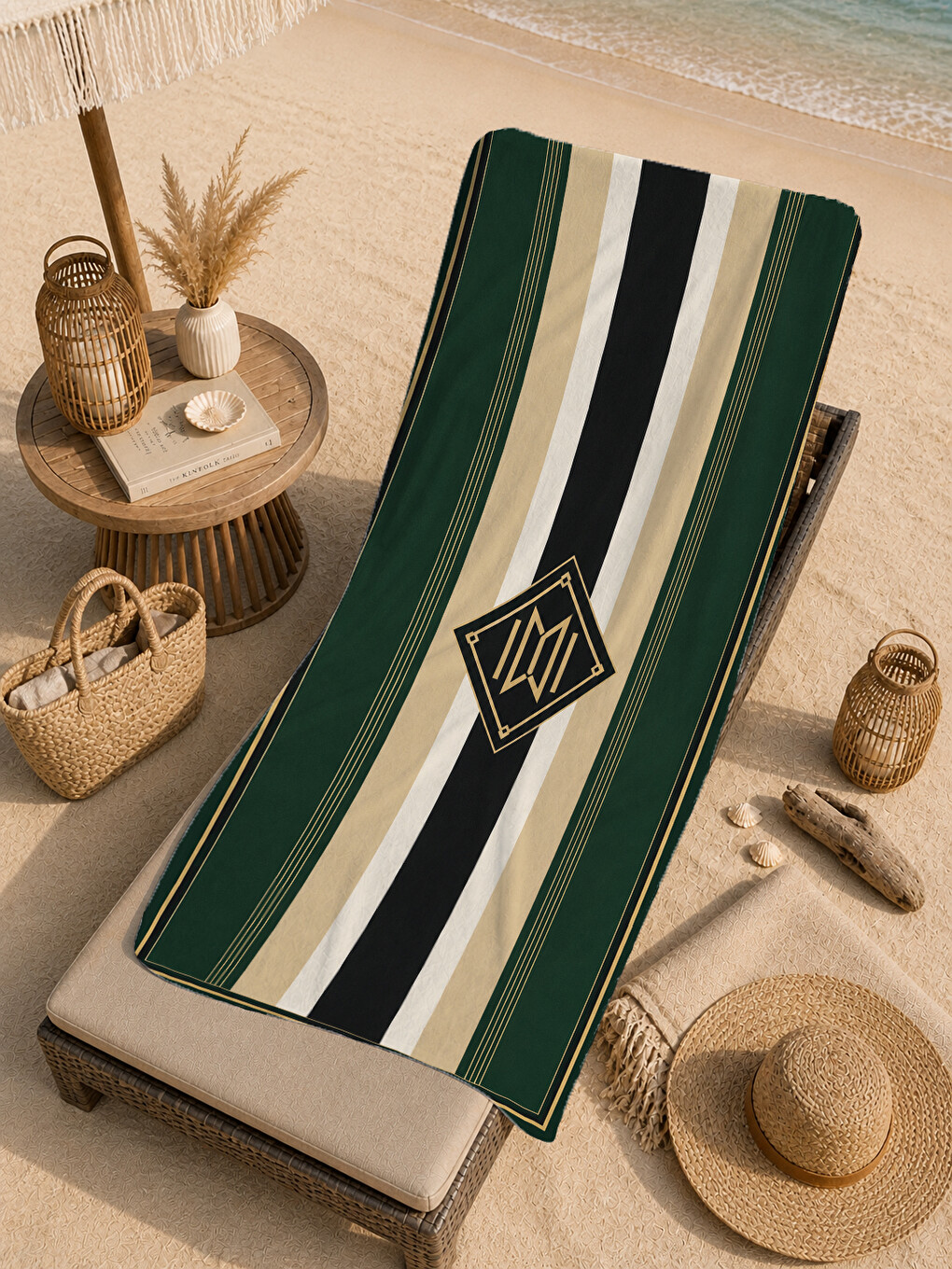 Retro Yeşil Siyah Krem Çizgili Geometrik Desenli 70x150 Plaj Havlusu - Pamuklu Banyo Havlusu-1