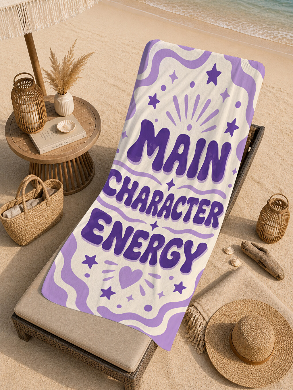 Retro Main Character Energy Mor Desenli 70x150 Plaj Havlusu - Dijital Baskılı Solmaz Banyo Havlusu-1