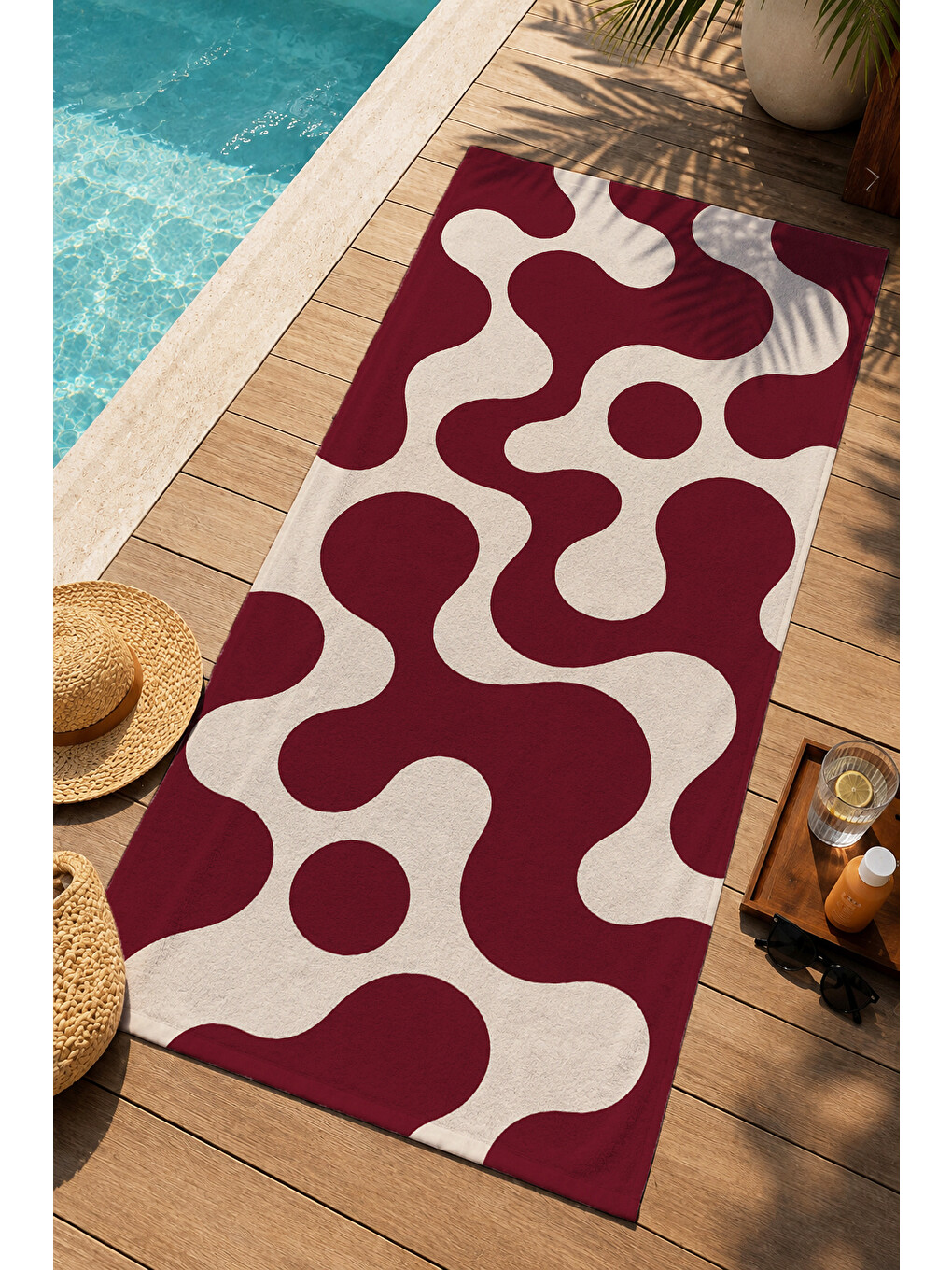 Ekru Retro Bordo Krem Dalgalı Organik Soyut Desenli 70x150 Plaj Havlusu - Pamuklu Banyo Havlusu-1