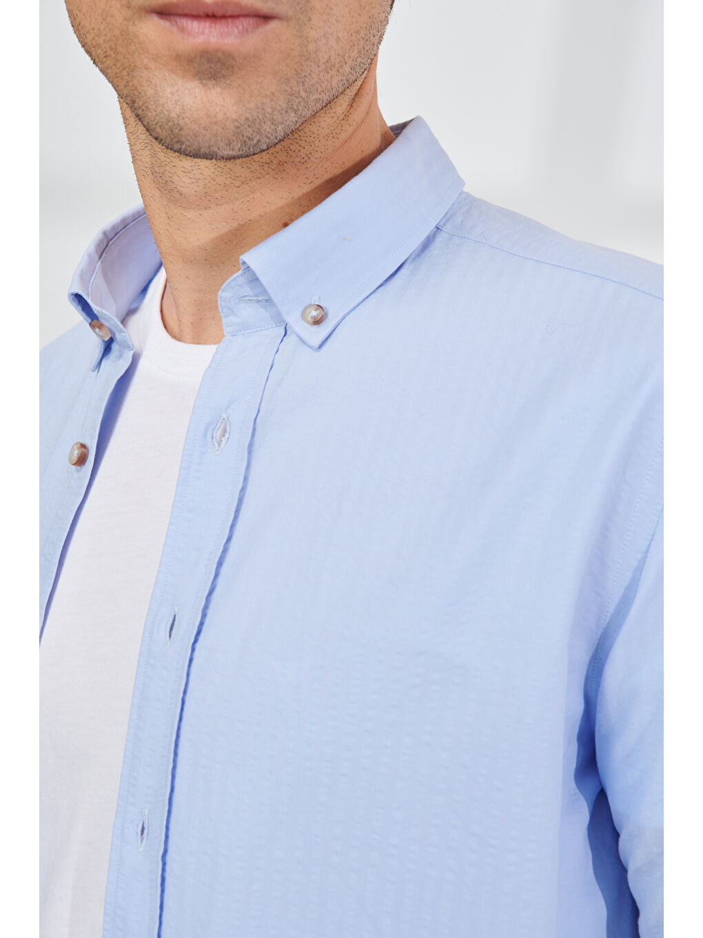 Erkek Mavi Slim Fit Dar Kesim Düğmeli Yaka %100 Pamuk Gömlek-2