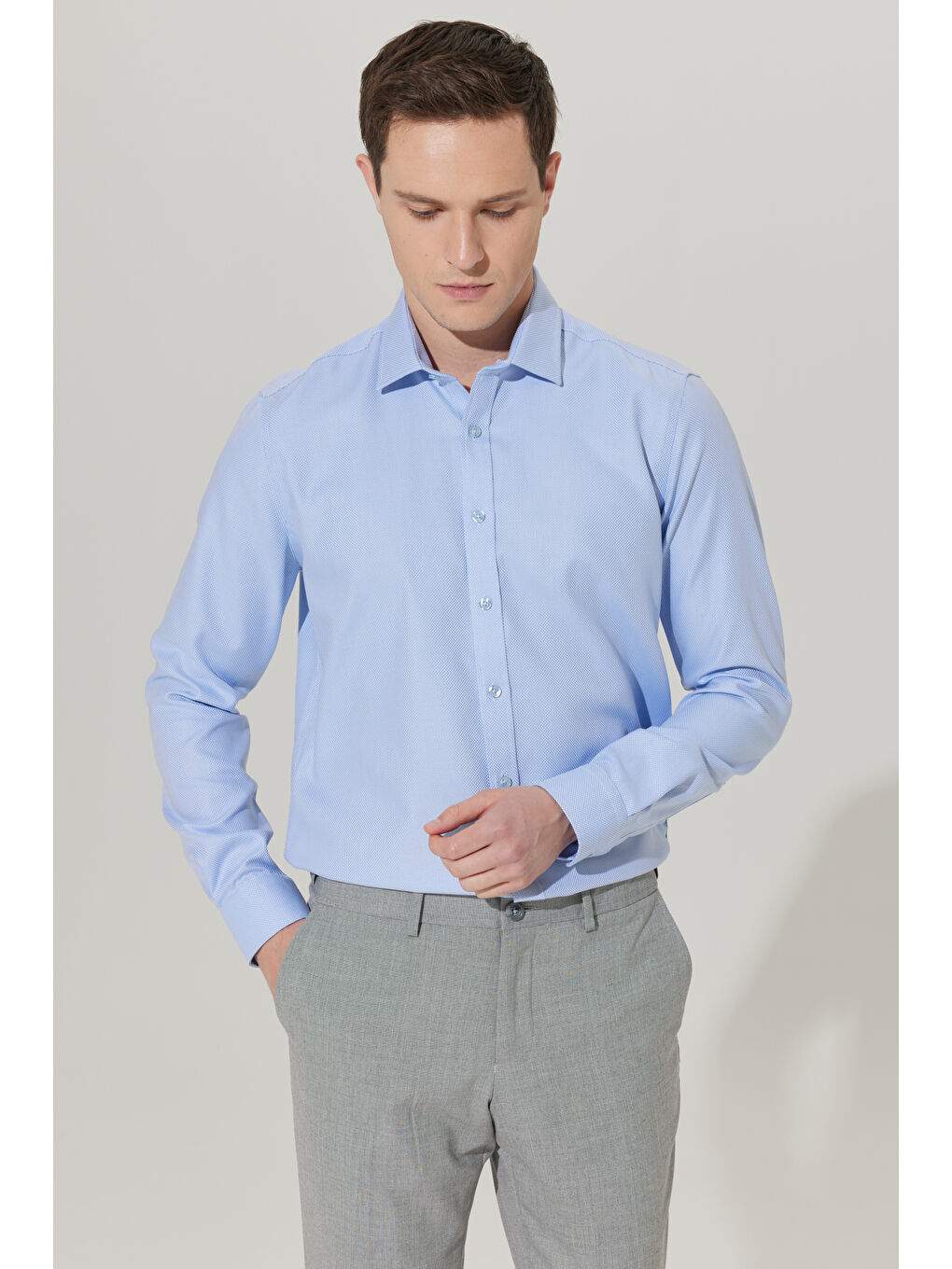 Erkek Beyaz-Mavi Ütü Gerektirmez Taılored Slim Fit Dar Kesim Klasik Yaka %100 Pamuk Non-Iron Gömlek-2