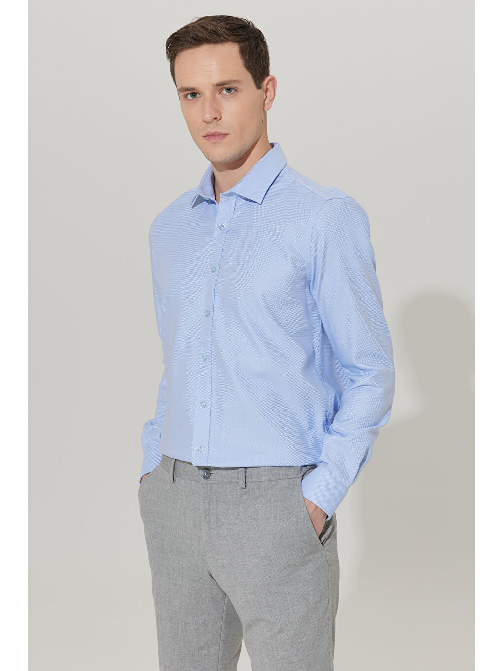 Erkek Beyaz-Mavi Ütü Gerektirmez Taılored Slim Fit Dar Kesim Klasik Yaka %100 Pamuk Non-Iron Gömlek-3