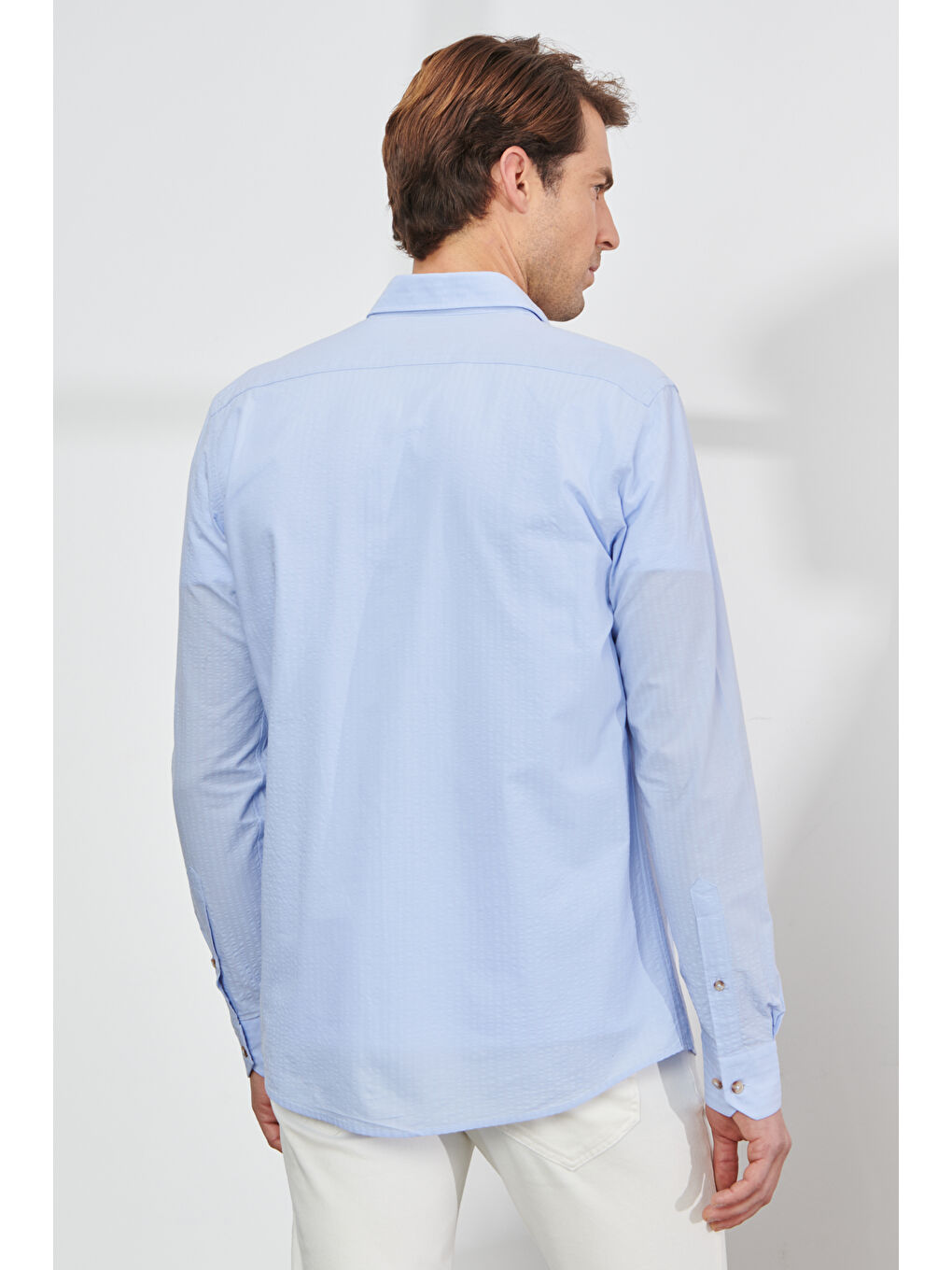 Erkek Mavi Slim Fit Dar Kesim Düğmeli Yaka %100 Pamuk Gömlek-4