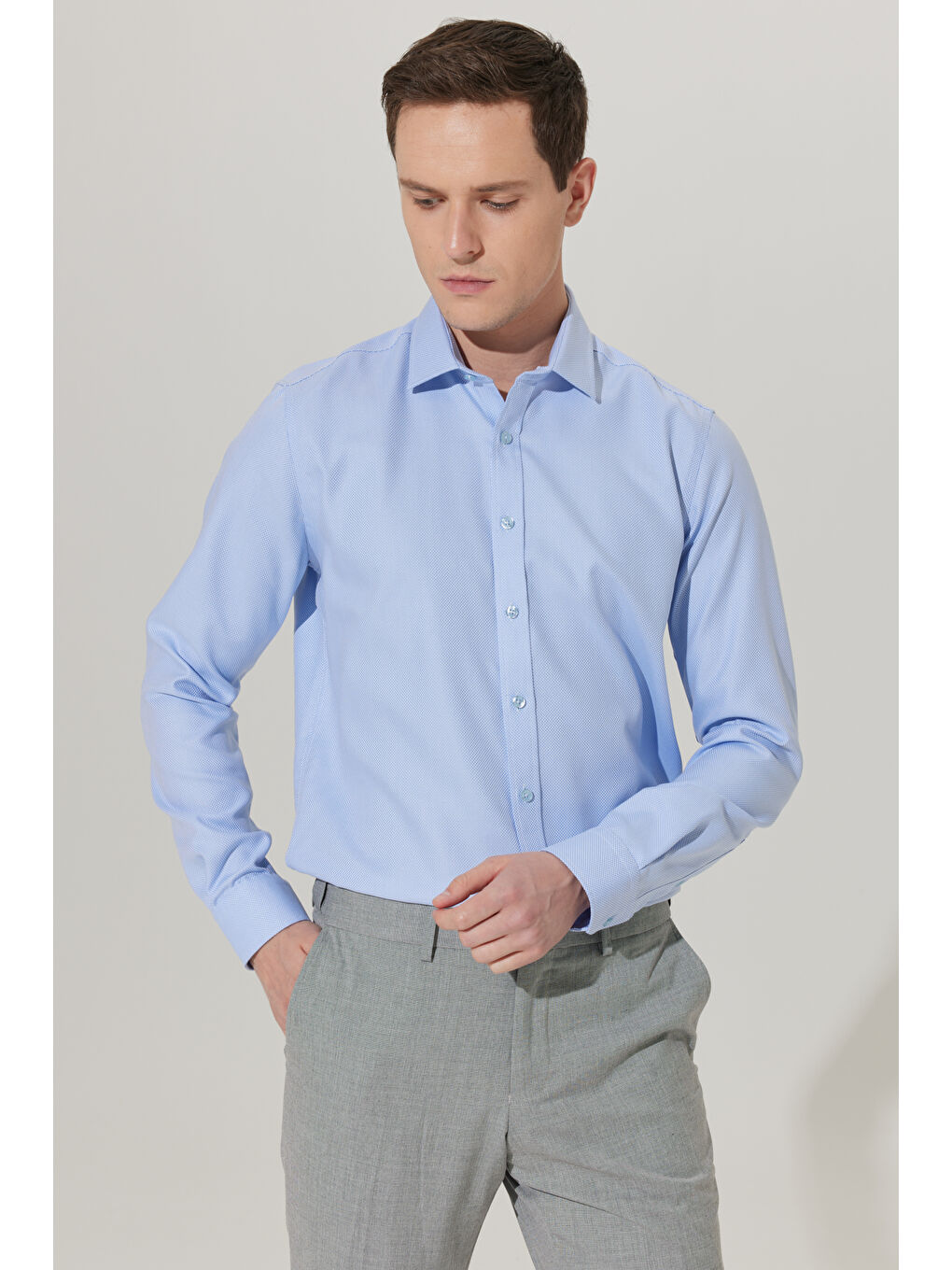 Erkek Beyaz-Mavi Ütü Gerektirmez Taılored Slim Fit Dar Kesim Klasik Yaka %100 Pamuk Non-Iron Gömlek-4