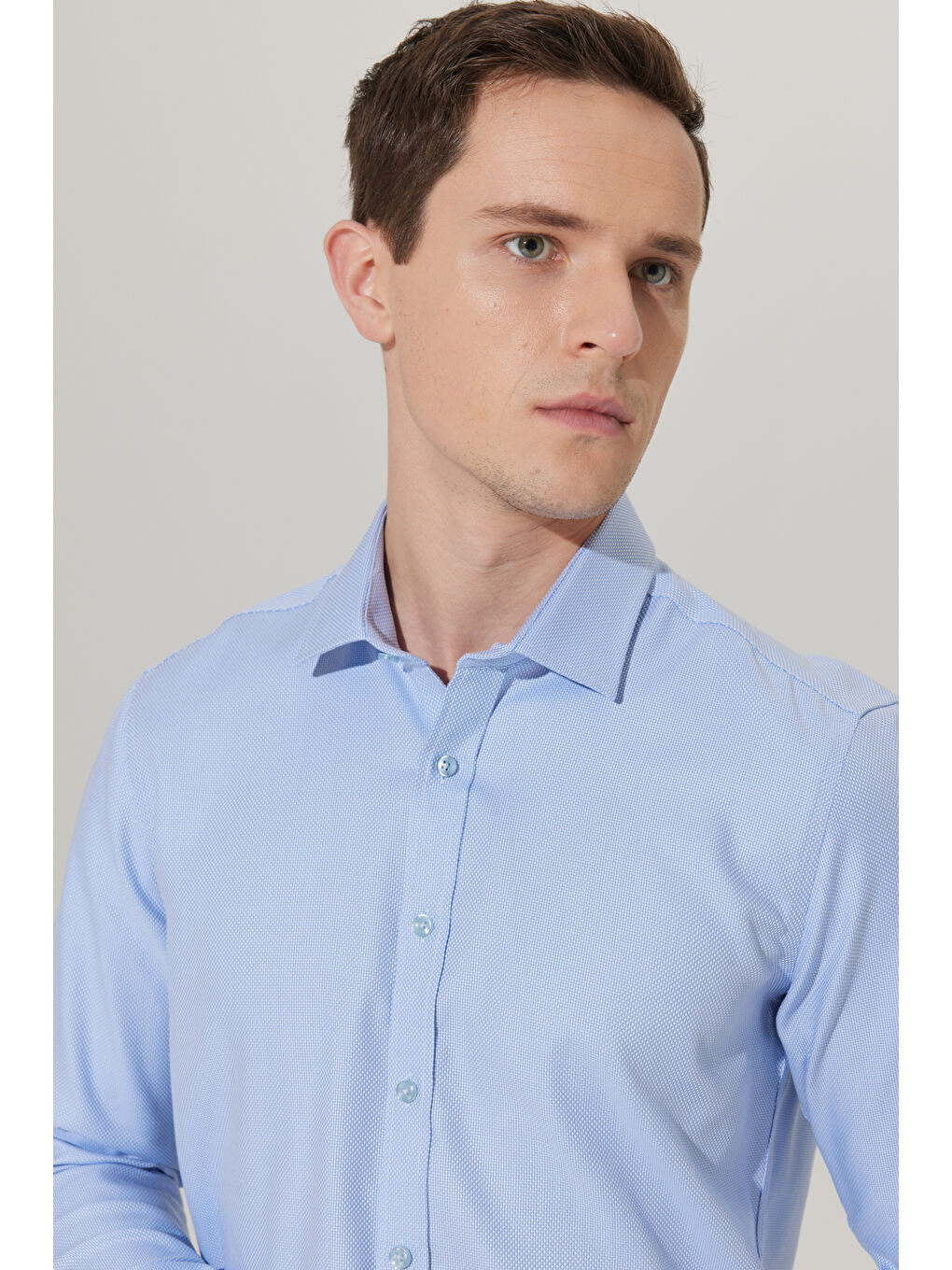 Erkek Beyaz-Mavi Ütü Gerektirmez Taılored Slim Fit Dar Kesim Klasik Yaka %100 Pamuk Non-Iron Gömlek-5