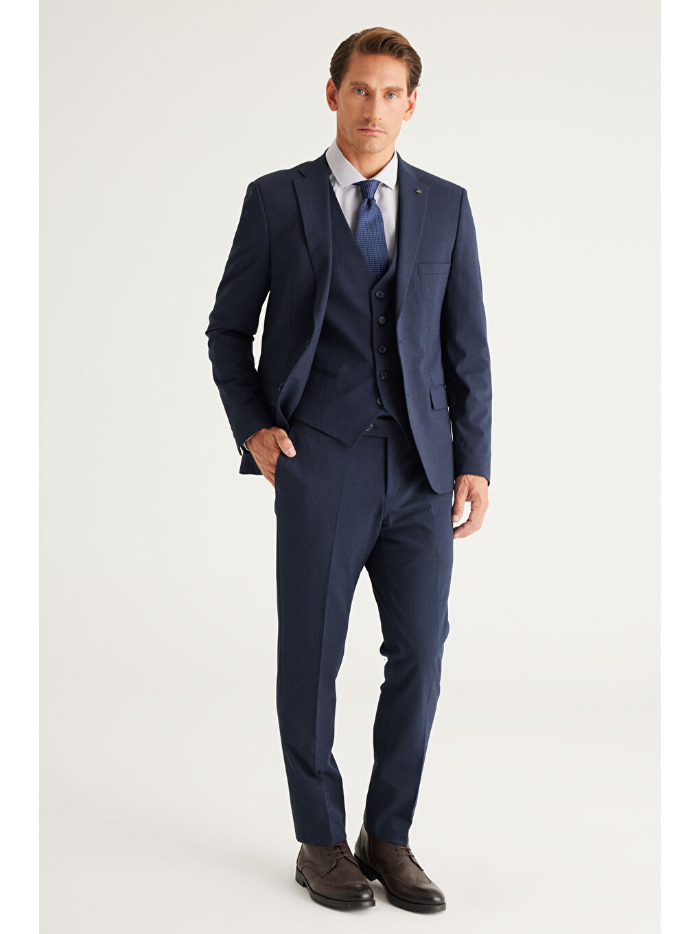 Erkek Koyu Lacivert Recycle Slim Fit Dar Kesim Mono Yaka Yelekli Kareli Takım Elbise-1