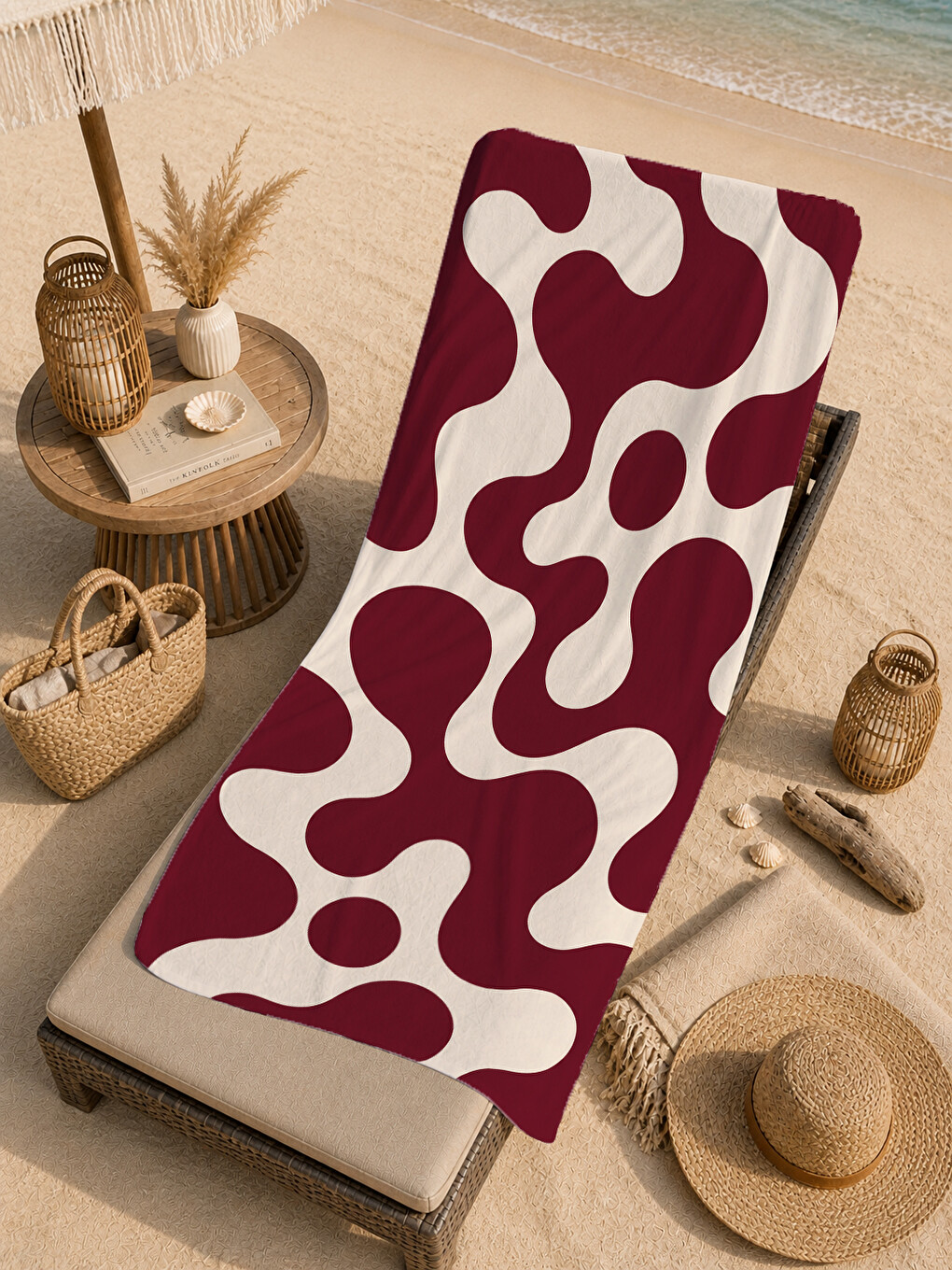 Ekru Retro Bordo Krem Dalgalı Organik Soyut Desenli 70x150 Plaj Havlusu - Pamuklu Banyo Havlusu-3