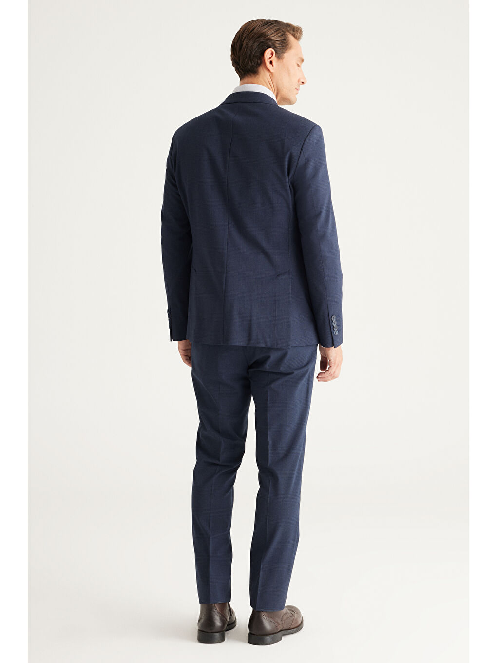 Erkek Koyu Lacivert Recycle Slim Fit Dar Kesim Mono Yaka Yelekli Kareli Takım Elbise-6