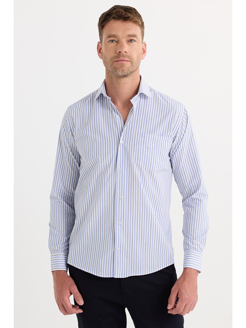 Karışık Erkek Regular Fit Klasik Kesim İnce Çizgili Pamuklu Kravatlık Yaka Gömlek-3