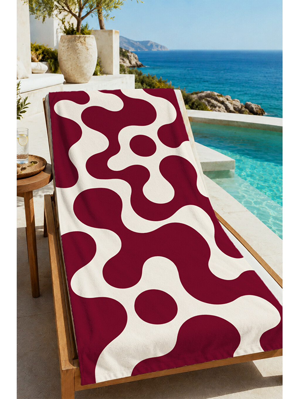 Ekru Retro Bordo Krem Dalgalı Organik Soyut Desenli 70x150 Plaj Havlusu - Pamuklu Banyo Havlusu-4