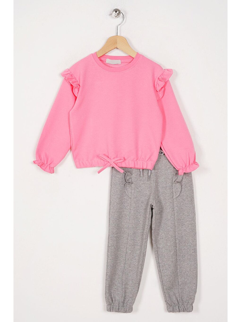 Bisiklet Yaka Uzun Kol Pantolonu Dikiş Detaylı Pembe Gri Renk Kız Çocuk Esofman Takım