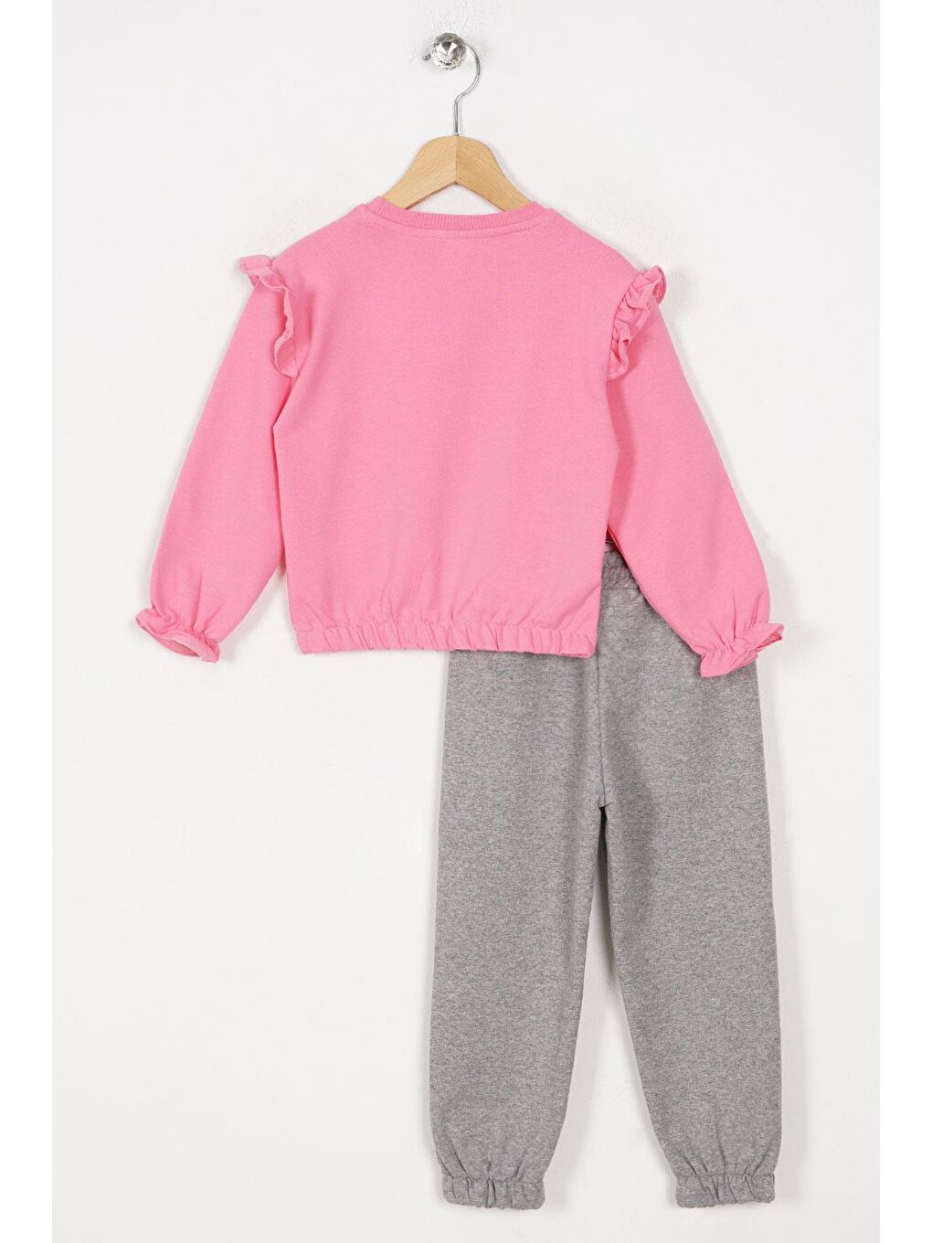 Bisiklet Yaka Uzun Kol Pantolonu Dikiş Detaylı Pembe Gri Renk Kız Çocuk Esofman Takım-1