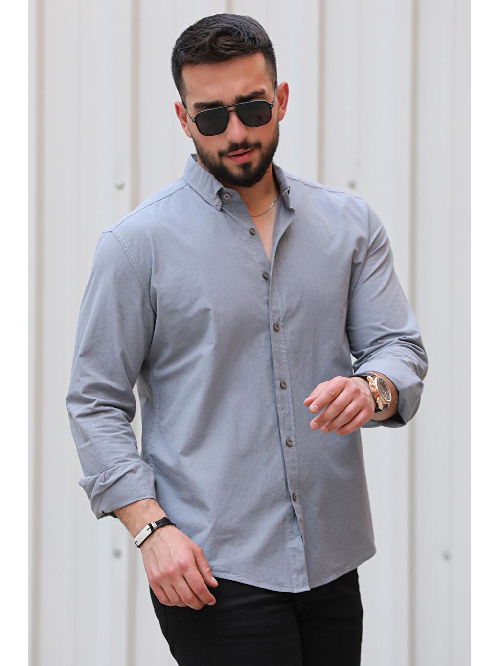 Gri Normal Kalıp Uzun Kollu Basic Erkek Gömlek-1