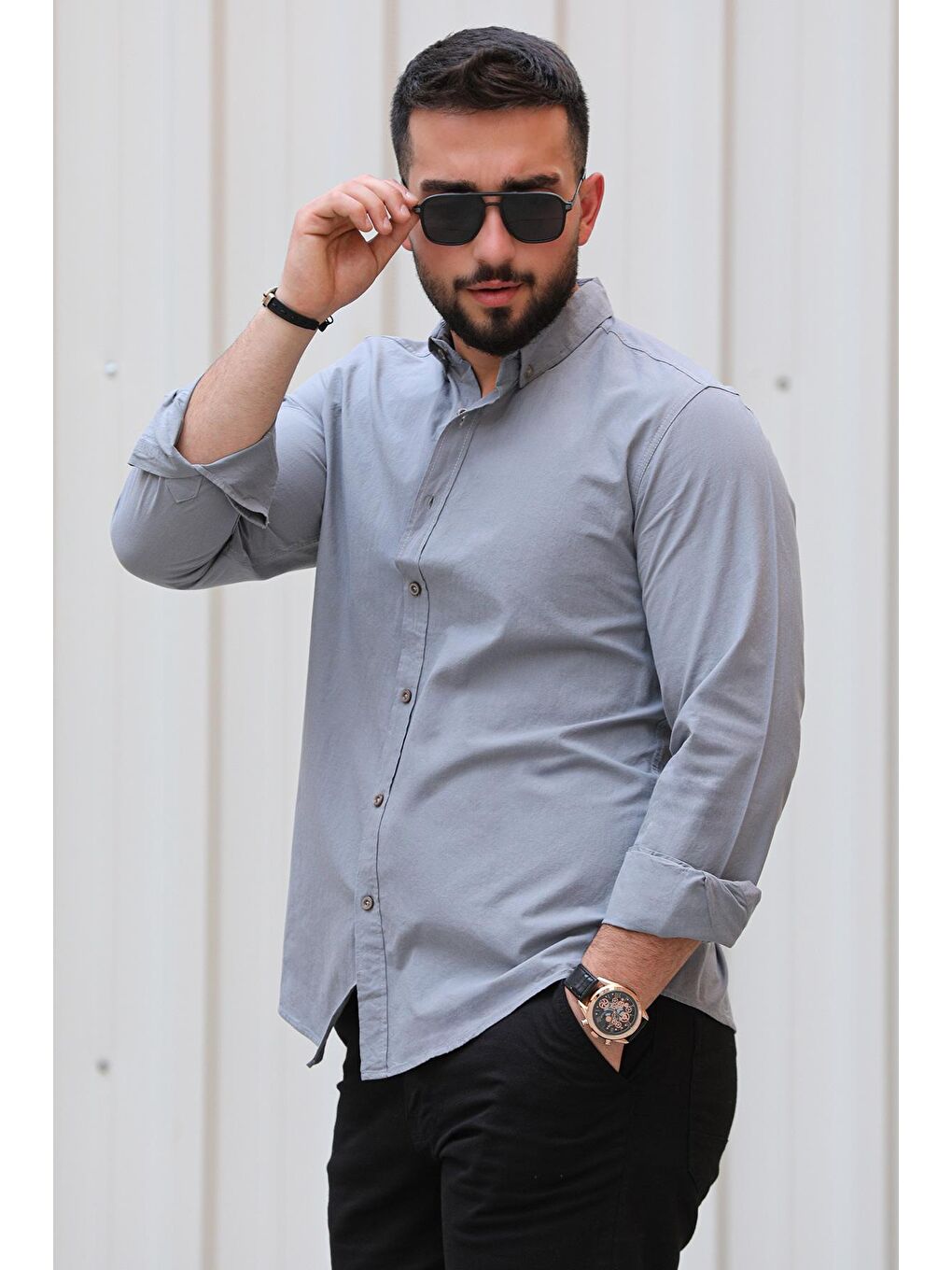 Gri Normal Kalıp Uzun Kollu Basic Erkek Gömlek-2