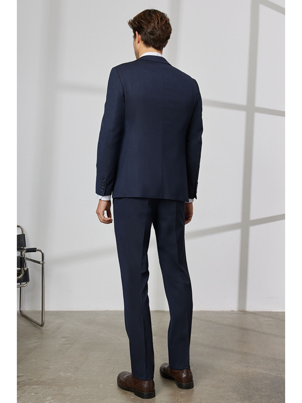 Erkek Lacivert Slim Fit Dar Kesim Mono Yaka Armürlü Yelekli Takım Elbise-8