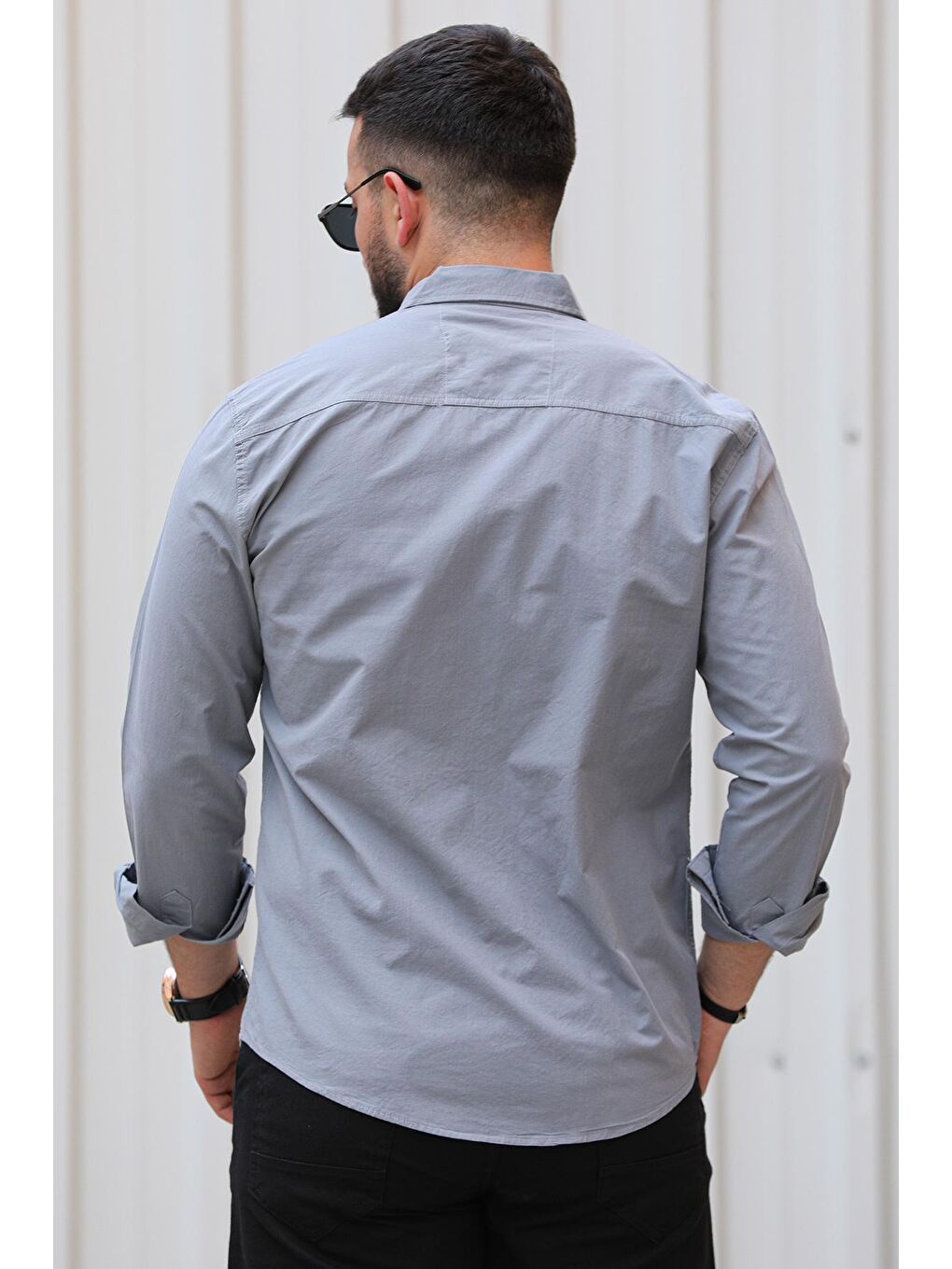 Gri Normal Kalıp Uzun Kollu Basic Erkek Gömlek-3