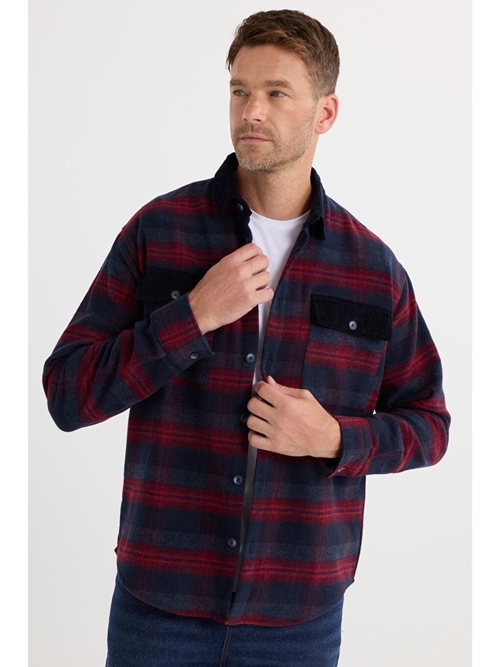 Karışık Erkek Relax Fit Rahat Kesim Spor Yaka Kareli Çift Cep Kapaklı Kışlık Gömlek-3