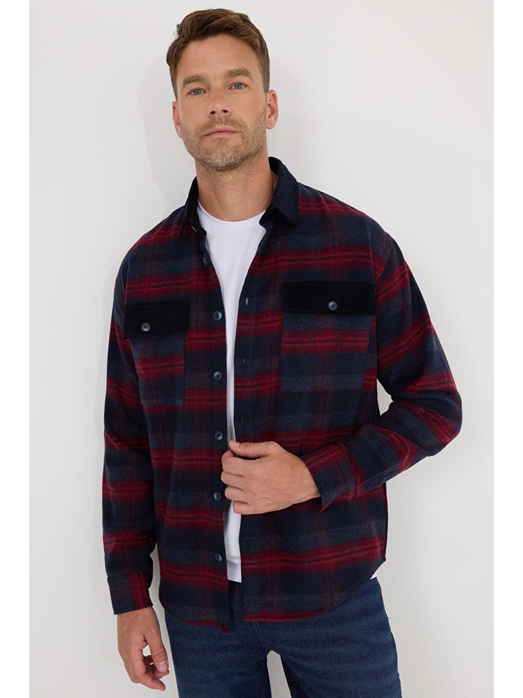 Karışık Erkek Relax Fit Rahat Kesim Spor Yaka Kareli Çift Cep Kapaklı Kışlık Gömlek-4