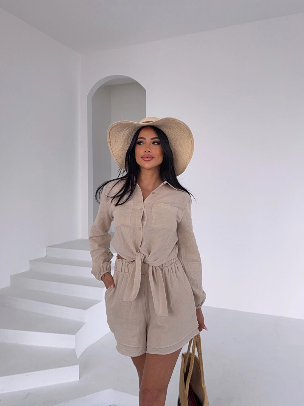 Kadın Bej Müslin Keten Şort Gömlek Alt Üst Takım HZL25S-DSB1012-1
