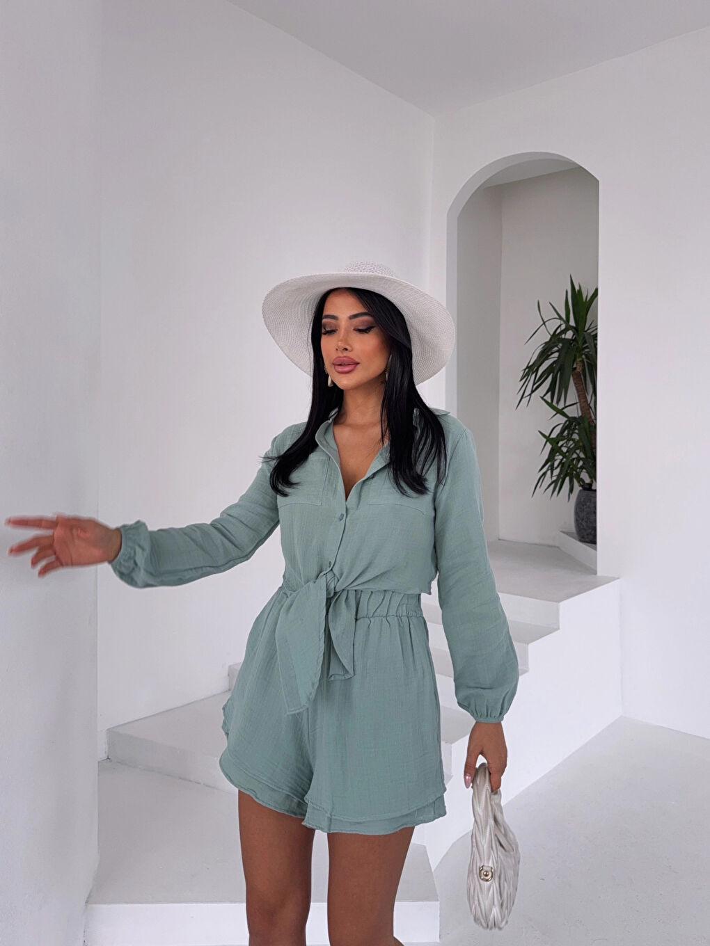 Kadın Çağla Yeşili Müslin Keten Şort Gömlek Alt Üst Takım HZL25S-DSB1012