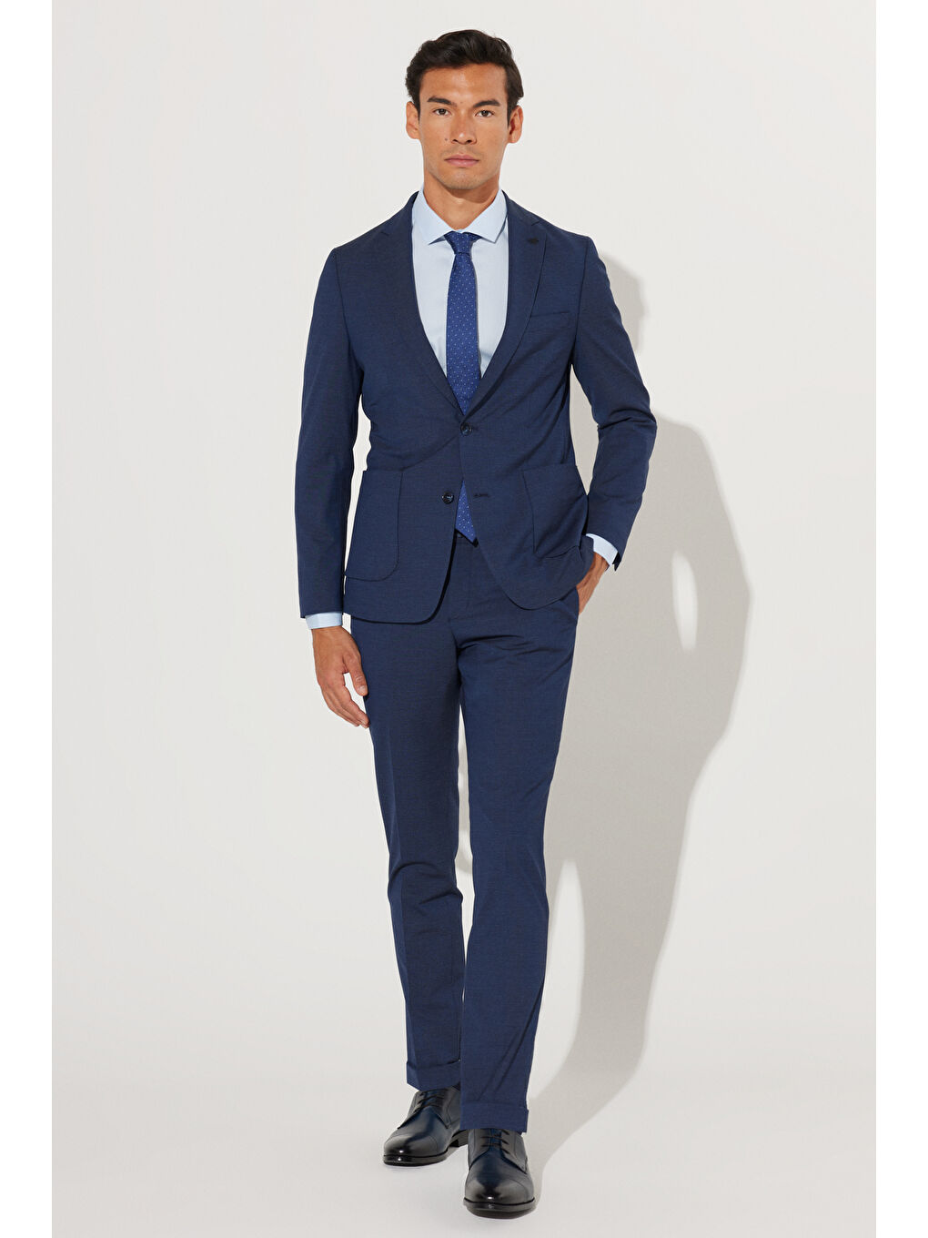 Erkek Lacivert Ekstra Slim Fit Dar Kesim Mono Yaka Desenli Takım Elbise-3