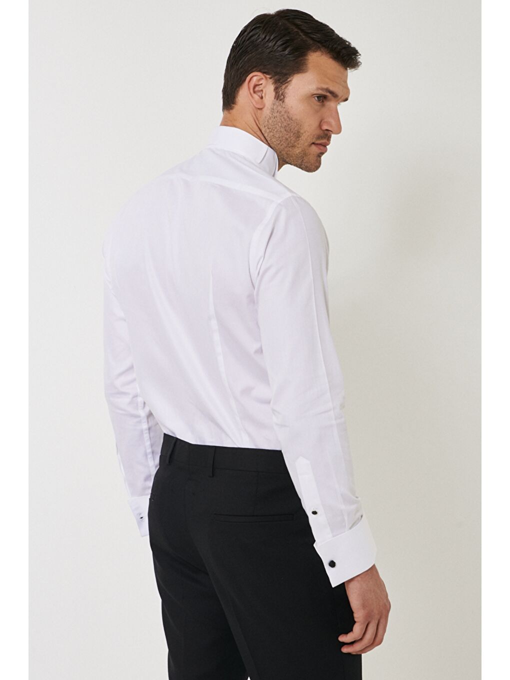 Erkek Beyaz-Siyah Slim Fit Dar Kesim %100 Pamuk Ata Yaka Gömlek-4