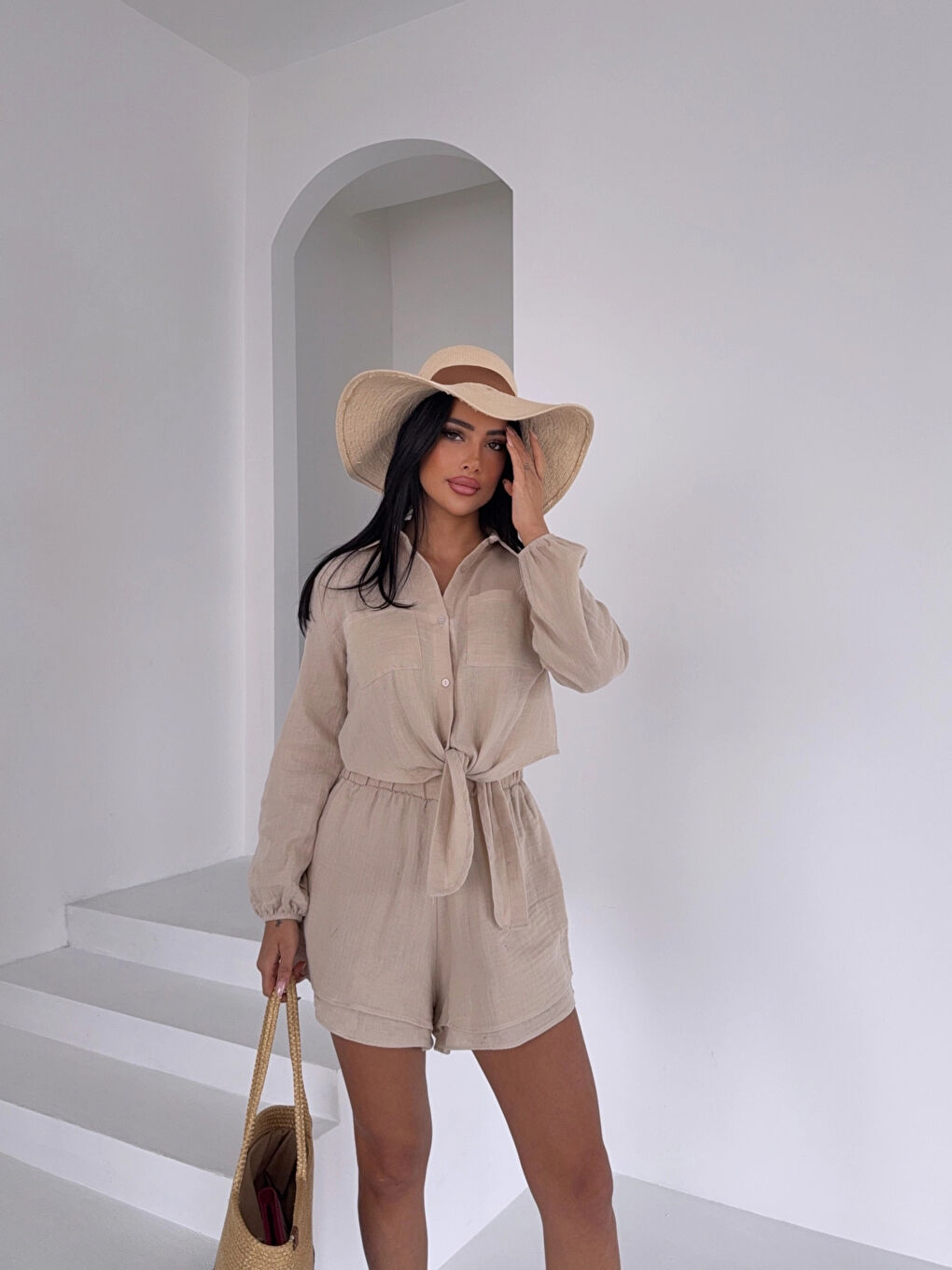 Kadın Bej Müslin Keten Şort Gömlek Alt Üst Takım HZL25S-DSB1012-3