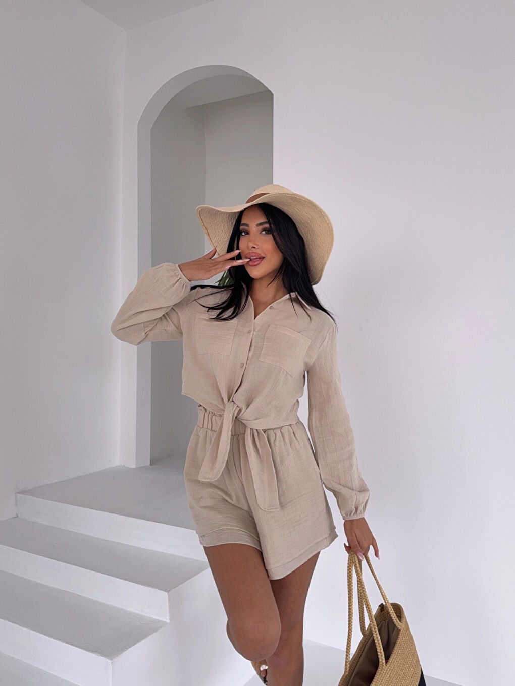 Kadın Bej Müslin Keten Şort Gömlek Alt Üst Takım HZL25S-DSB1012-4