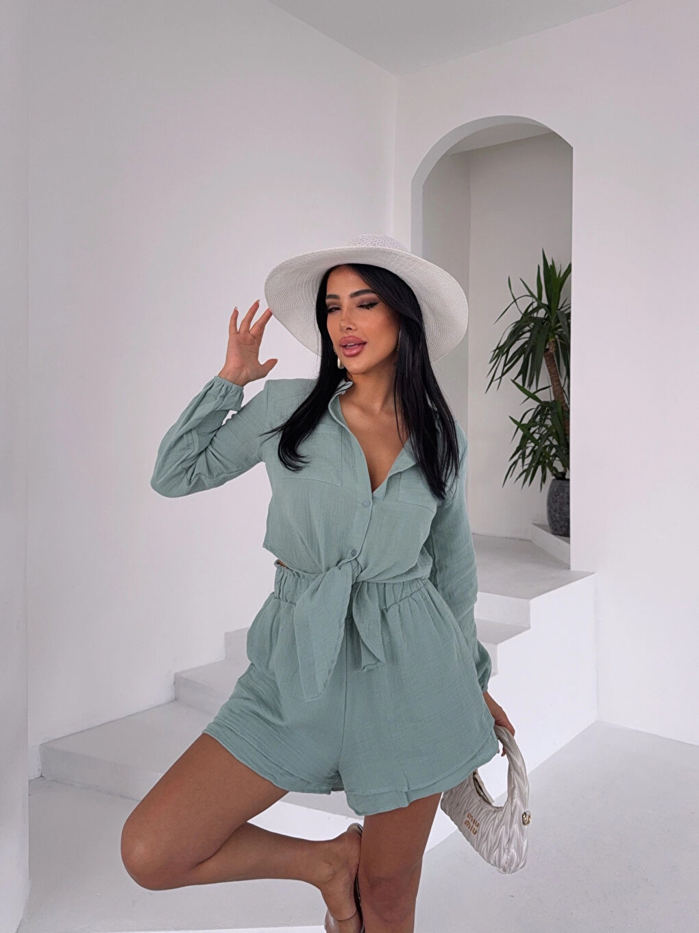 Kadın Çağla Yeşili Müslin Keten Şort Gömlek Alt Üst Takım HZL25S-DSB1012-3