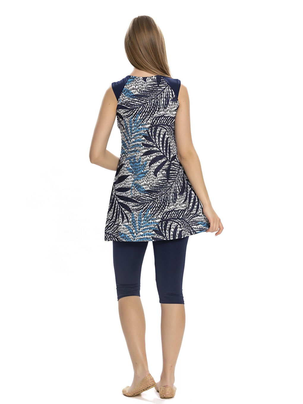 Kadın Lacivert Kolsuz Damla Desenli Yarı Kapalı Taytlı Mayo HZL25S-AR157/512-1