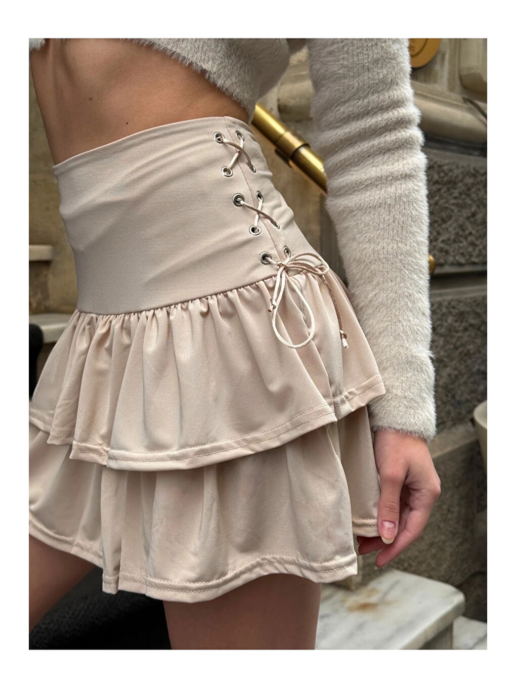 Ekru Kadın Krem Kuş Gözlü Fır Fır Detaylı Mini Etek HZL25W-ZK11391-3