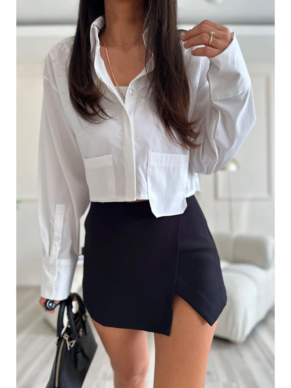 Kadın Siyah Asimetrik Kesim Şort Etek HZL25S-ZK10511-1