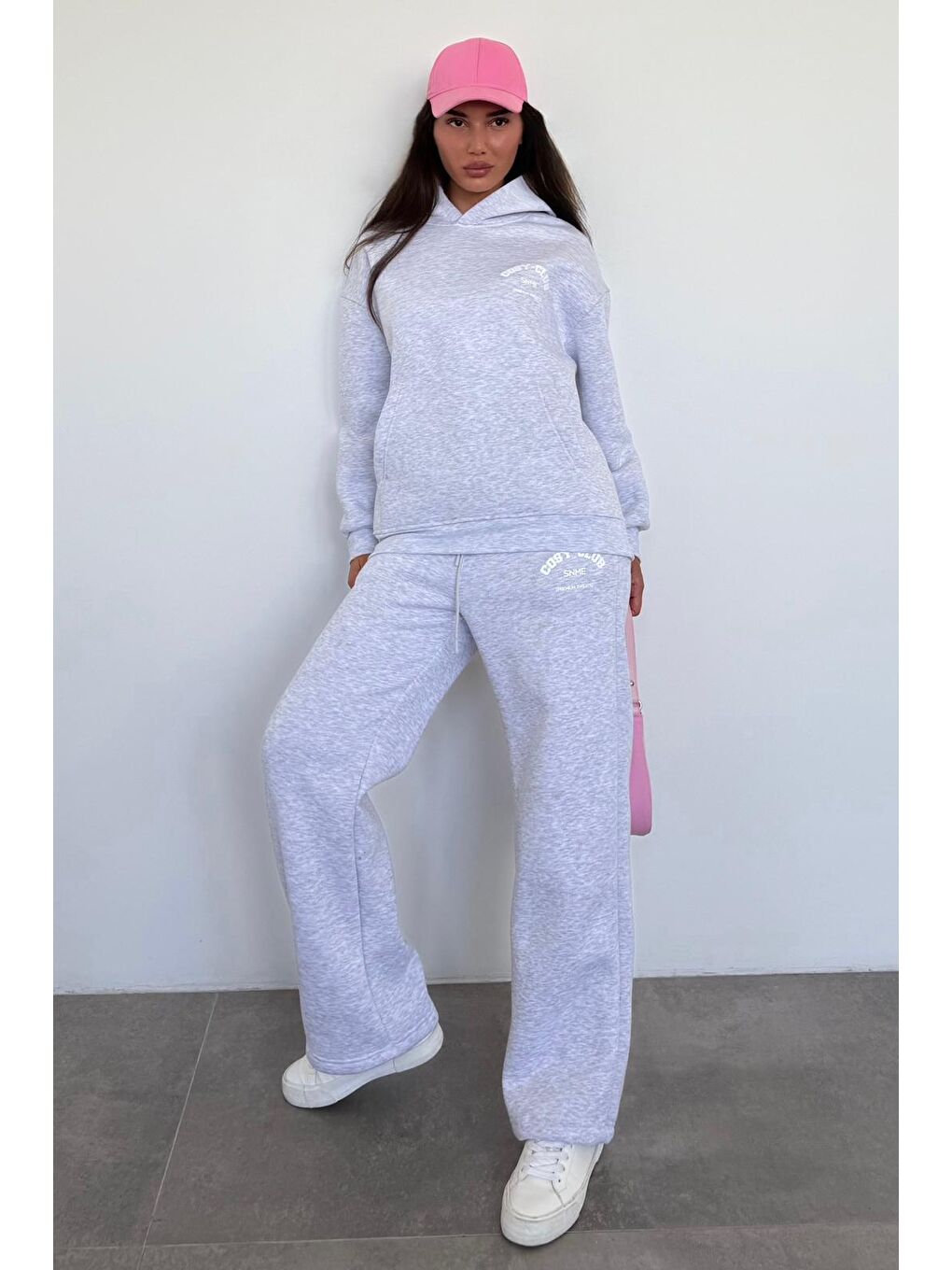 Beyaz Karmelanj Kapüşonlu Baskılı Kadın Eşofman Takımı Mg2524-6