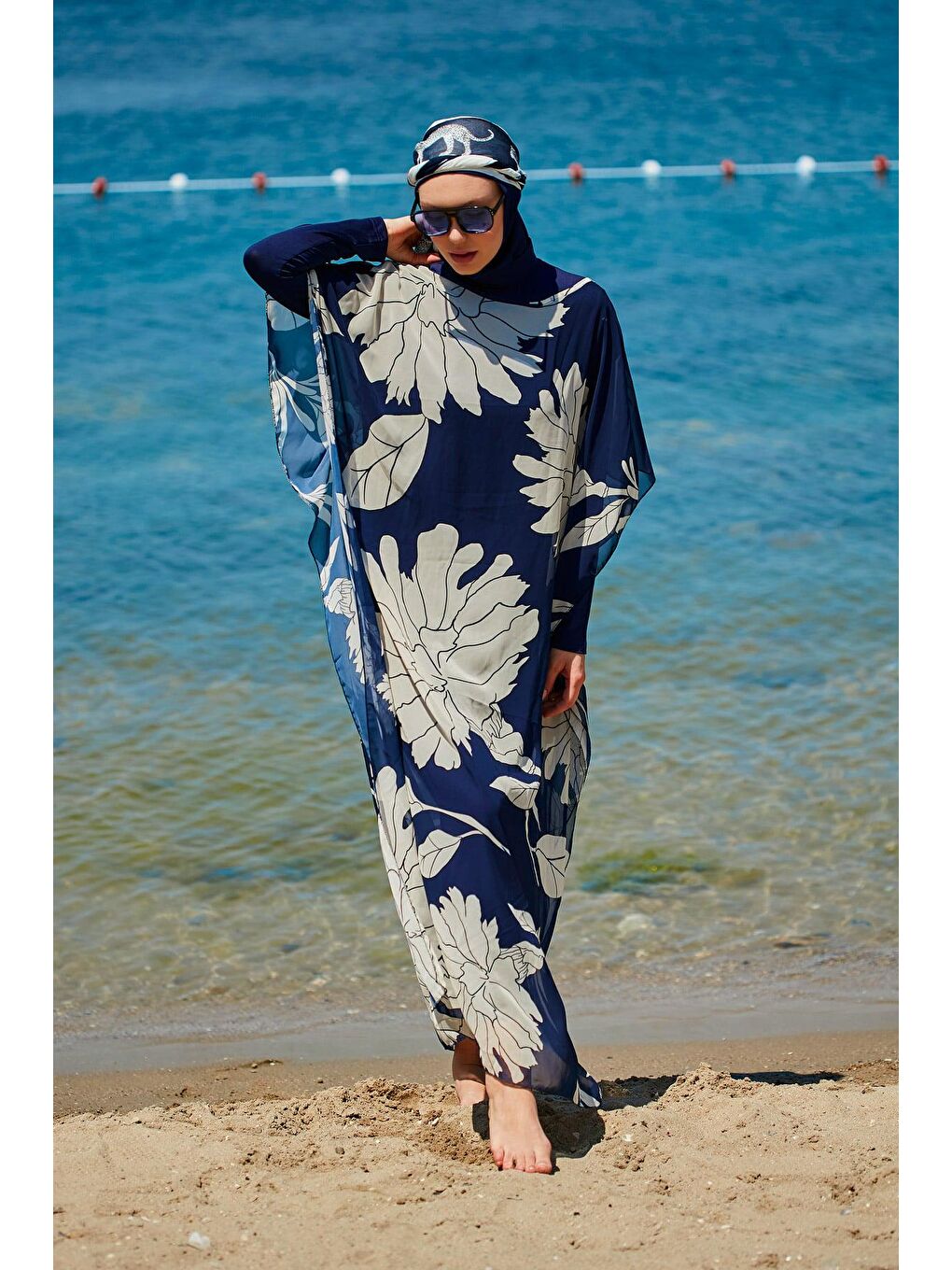 Çiçekli Lacivert Pareo Kaftan P2348-2