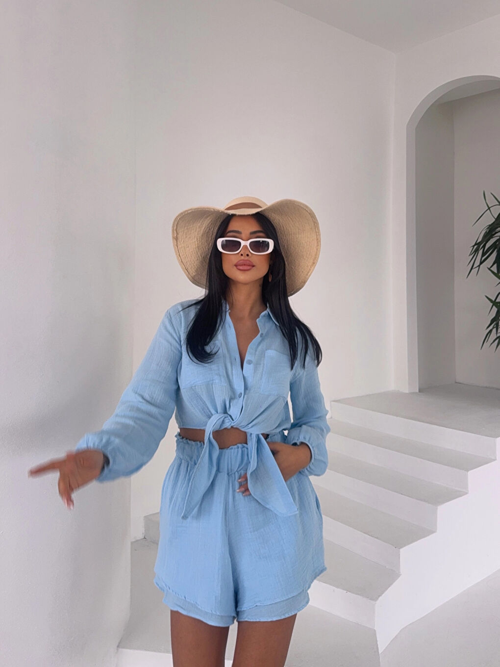 Kadın Mavi Müslin Keten Şort Gömlek Alt Üst Takım HZL25S-DSB1012-4