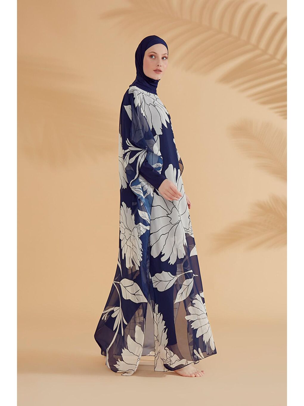 Çiçekli Lacivert Pareo Kaftan P2348-3