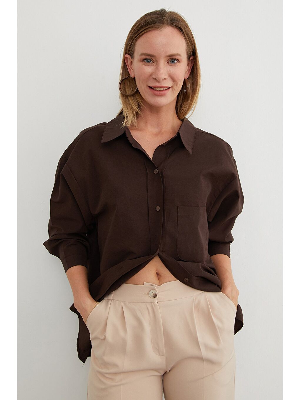 Kahverengi Basic Tek Cepli Oversize Gömlek-1