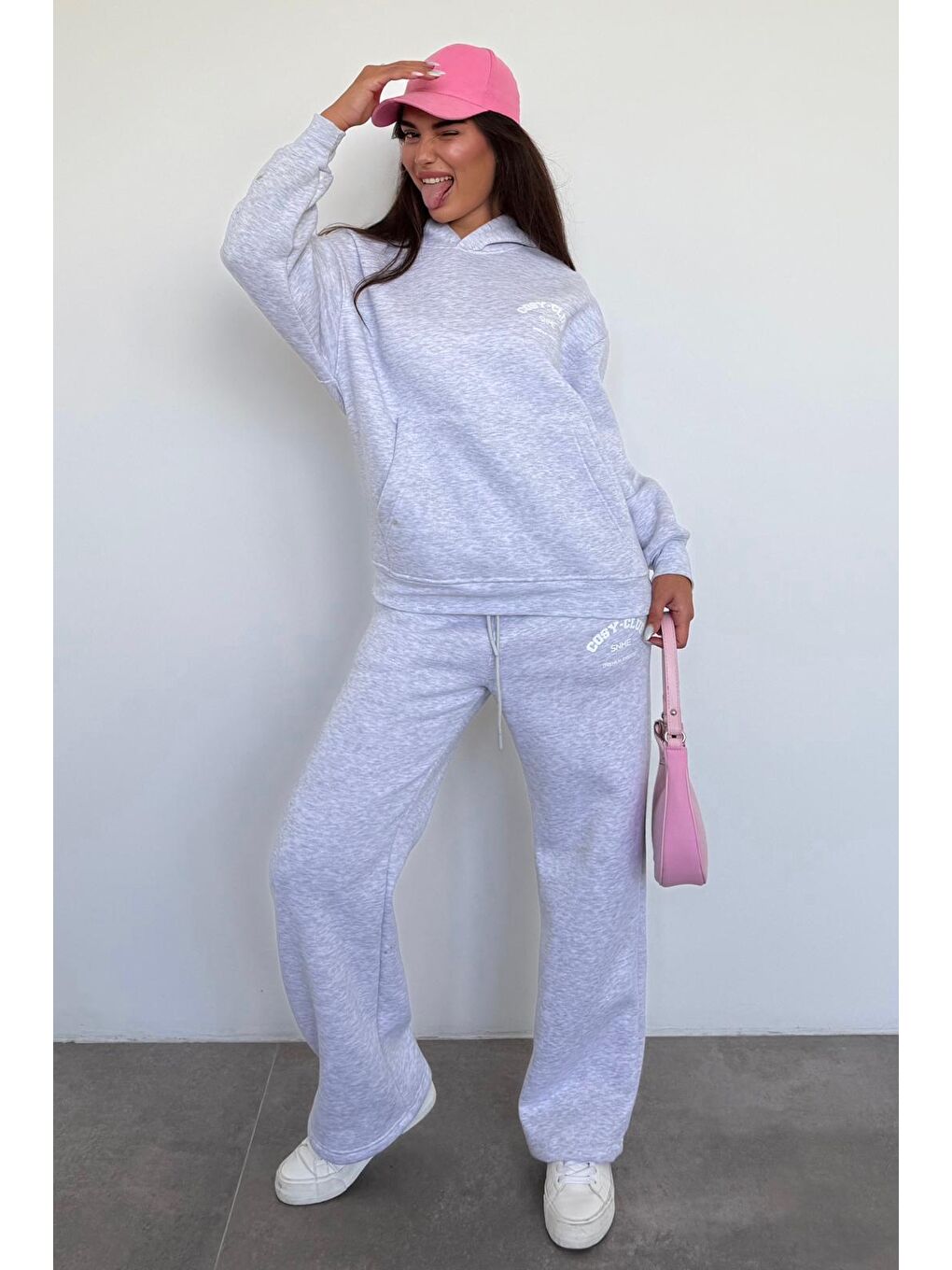 Beyaz Karmelanj Kapüşonlu Baskılı Kadın Eşofman Takımı Mg2524-8